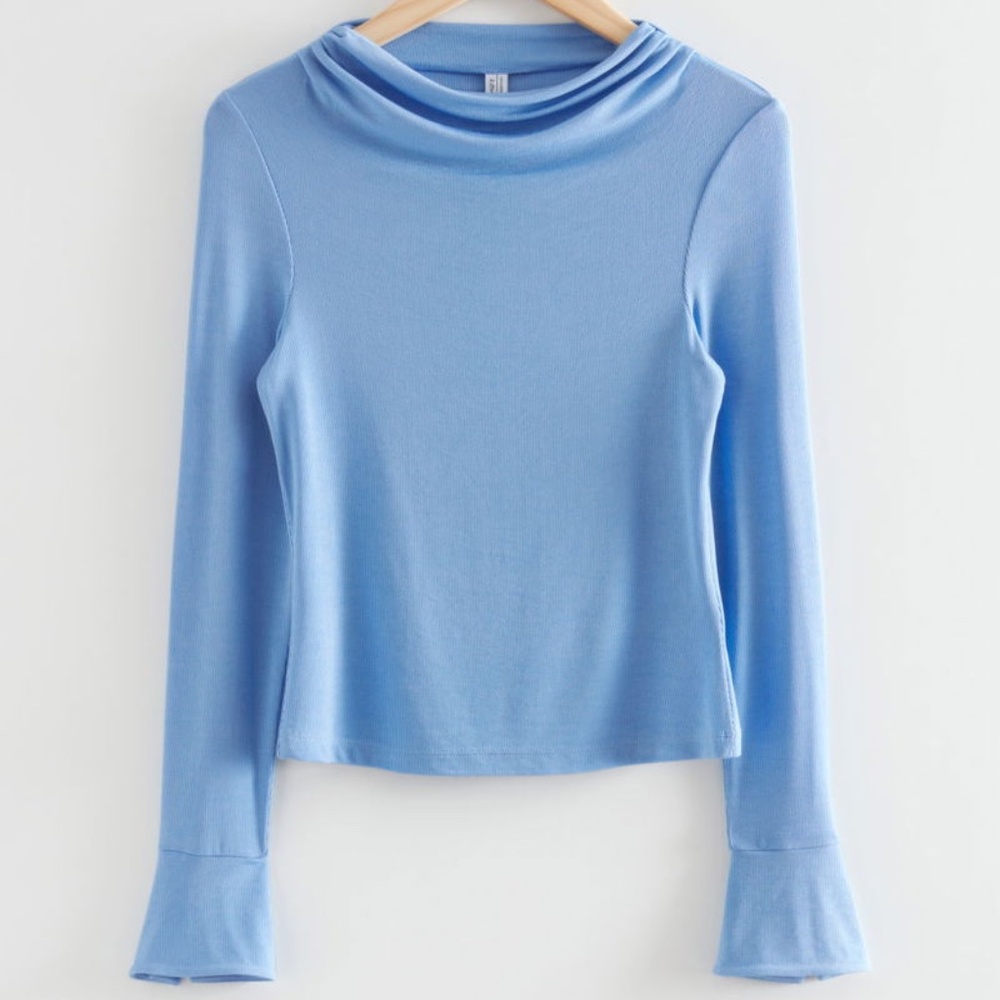 & Other Stories Paris Atelier Blue Long Sleeve Mock Neck Ribbed Top XS